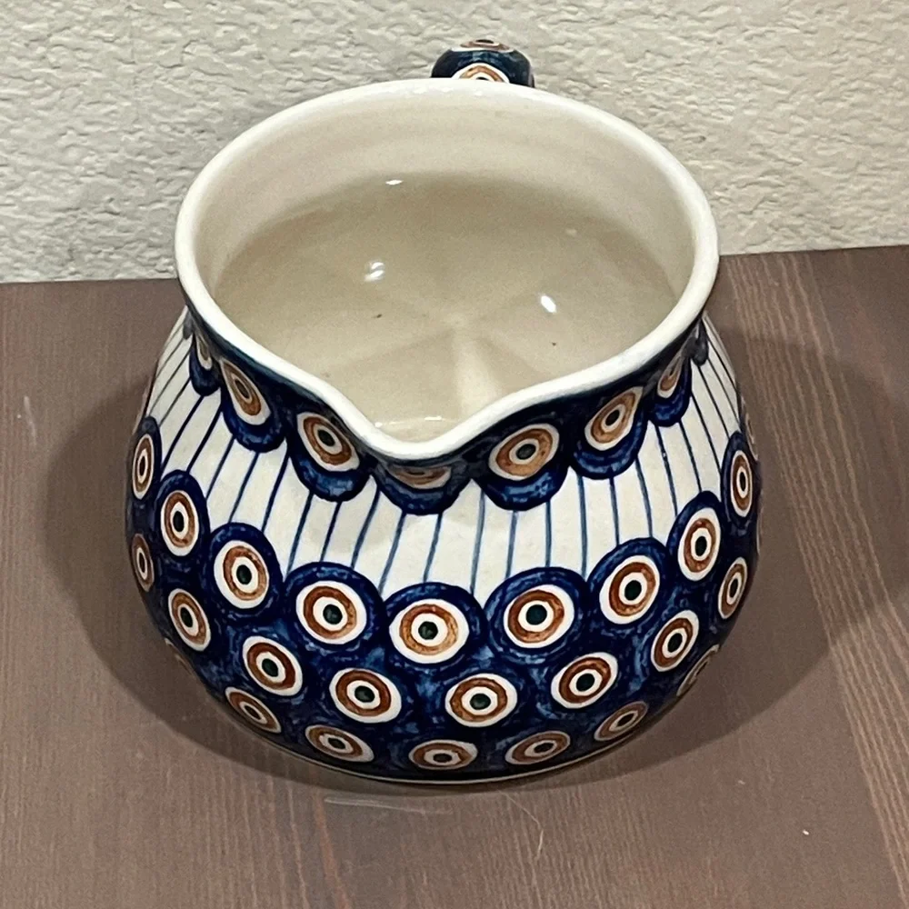 Williams Sonoma Polish Pottery Pitcher Jug Boleslawiec Ceramic Folk Art Peacock